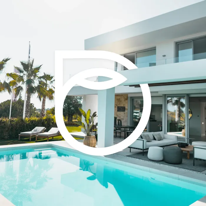 The Days brand mark in white over a modern holiday villa with a pool